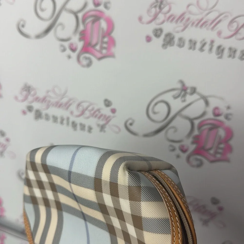 Burberry bag nova check print baby blue tan cream cosmetic case small tote zip - Picture 11 of 12